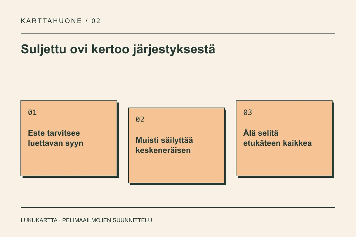 Lukukartta: Suljettu ovi kertoo järjestyksestä. Este tarvitsee luettavan syyn, Muisti säilyttää keskeneräisen, Älä selitä etukäteen kaikkea.