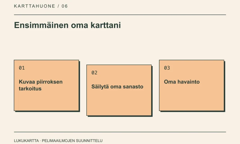 Lukukartta: Ensimmäinen oma karttani. Kuvaa piirroksen tarkoitus, Säilytä oma sanasto, Oma havainto.