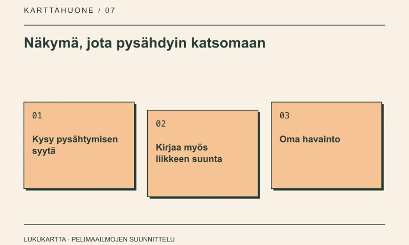 Lukukartta: Näkymä, jota pysähdyin katsomaan. Kysy pysähtymisen syytä, Kirjaa myös liikkeen suunta, Oma havainto.
