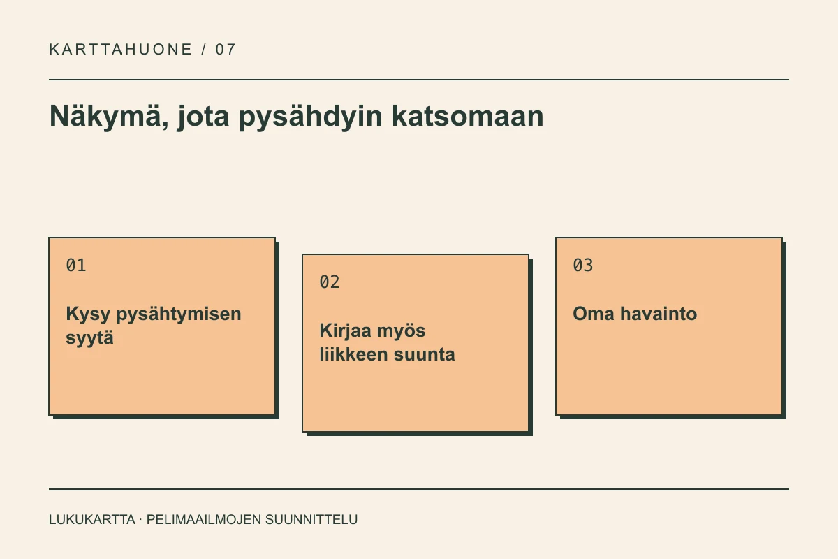 Lukukartta: Näkymä, jota pysähdyin katsomaan. Kysy pysähtymisen syytä, Kirjaa myös liikkeen suunta, Oma havainto.